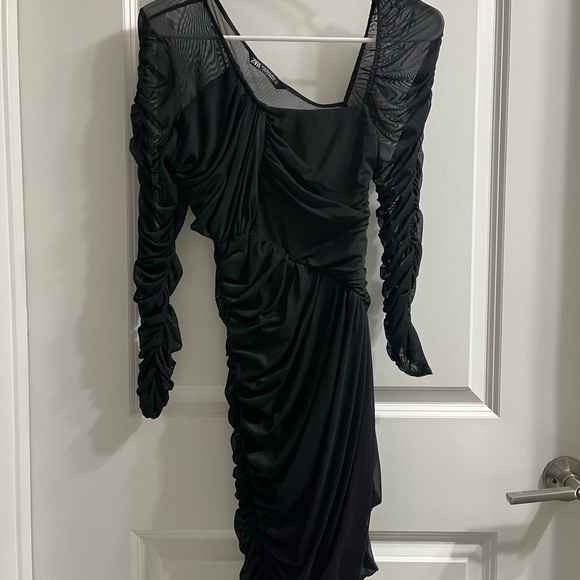 Zara Asymmetrical Draped Mini Black Dress - Picture 3 of 5